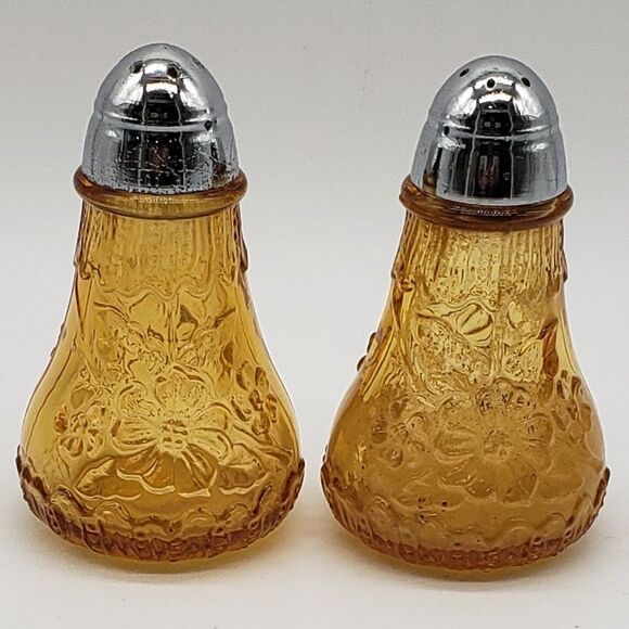 Viking Vintage Amber Glass Daisy Flowers Chrome Lid Salt & Pepper Shaker Set - Picture 8 of 11